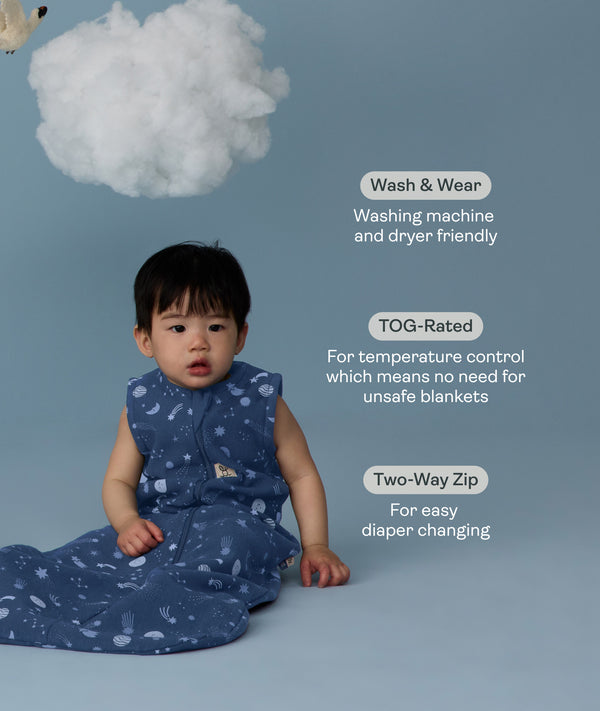 Infant wearing a ergoPouch Sleep Sack 1.0 TOG Starbeam with text about its features on a blue background with swans and clouds.