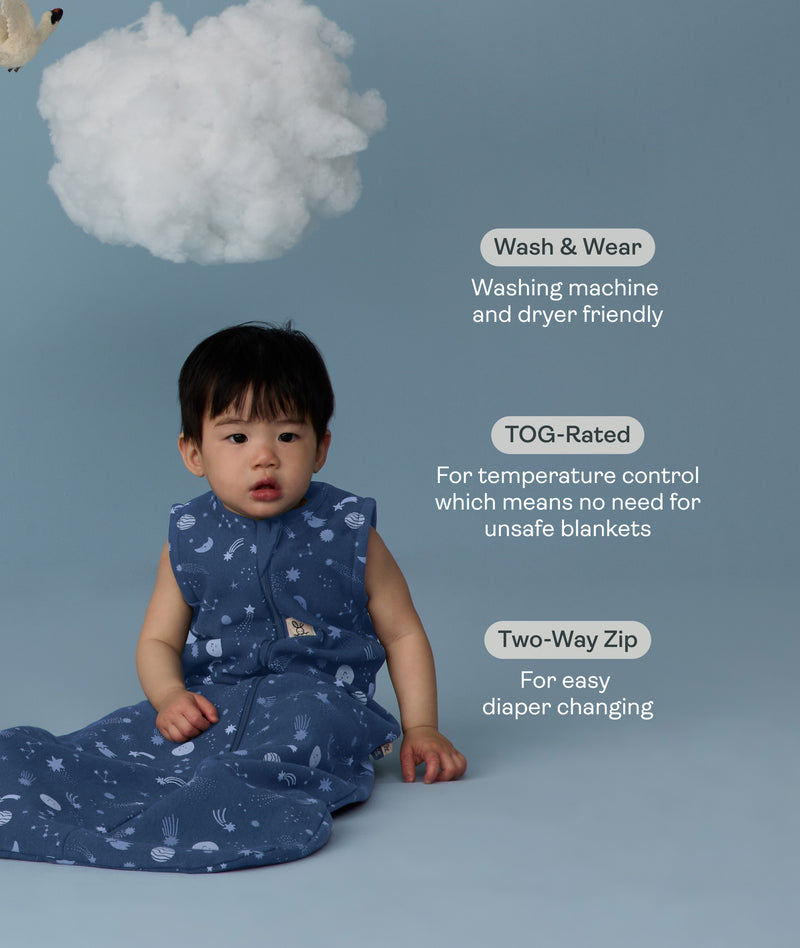 Infant wearing a ergoPouch Sleep Sack 1.0 TOG Starbeam with text about its features on a blue background with swans and clouds.