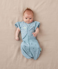 Baby wearing an ergoPouch Butterfly Cardi Dragonflies with both arms out