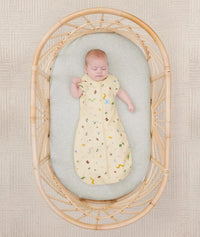 Newborn in ergoPouch Cocoon Swaddle Sack 0.2 TOG Critters, transitioned to arms out sleeping