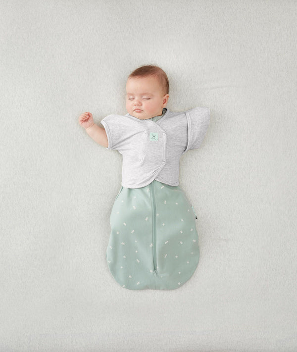 Baby wearing an ergoPouch Butterfly Cardi Grey Marle with one arm out