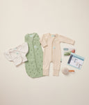 ergoPouch Newborn Sleep Starter Pack Willow including Cocoon Swaddle 1.0 TOG Willow, Butterfly Cardi Oatmeal Marle, Long Sleeve Romper Vanilla and White Noise Machine