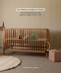 The ergoPouch ellska Skye Crib has two mattress heights for safety and adjusting for child age and stage
