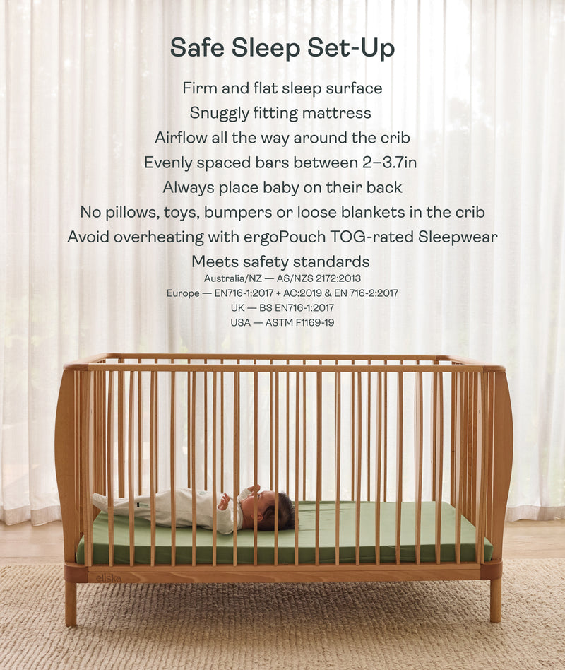 The ergoPouch ellska Skye Crib list of safe sleep set-up