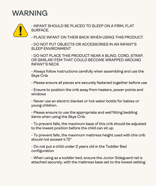 Warning label for ergoPouch ellska Skye Crib and Skye Junior Sideguard with safety instructions 