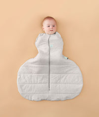 Newborn wearing an ergoPouch Hip Harness Cocoon Swaddle Sack 2.5 TOG Grey Marle with arms in