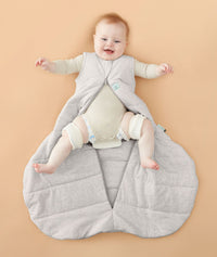Baby with hip dysplasia in hip-harness-sleep-sack-2-5-tog-grey-marle