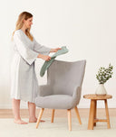 Woman wearing an ergoPouch Matchy Matchy Robe Grey Marle