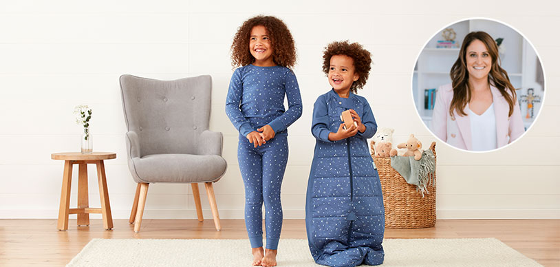 Toddler and preschooler kids wearing ergoPouch sleepwear next to paediatric psychologist Amanda Abe