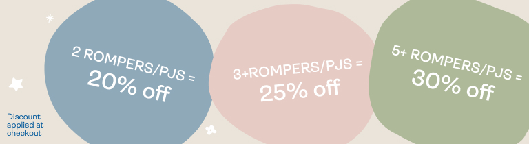 Buy 2, save 20% pajamas or rompers, buy 3+ save 25%, buy 5+ save 30% multibuy savings