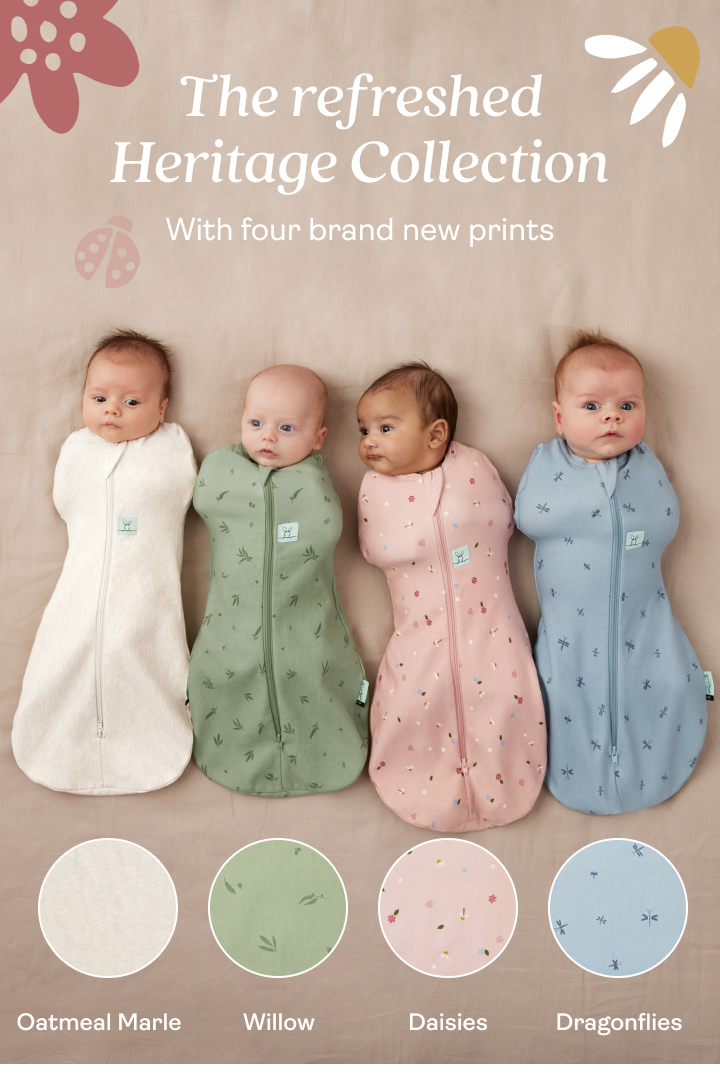 Four newborn babies lying down wearing cocoon sleep sacks in four new prints - Daisies, Willow, Dragonflies and Oatmeal Marle