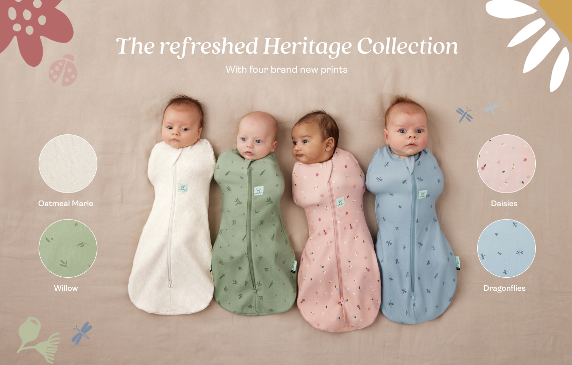 Four infants wearing our Cocoon Swaddle Sacks in new heritage prints