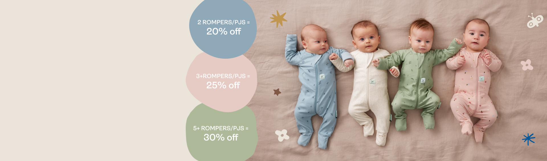 Buy 2 pajamas or rompers, save 20%off, buy 3 save 25%, buy 5 or more save 30%