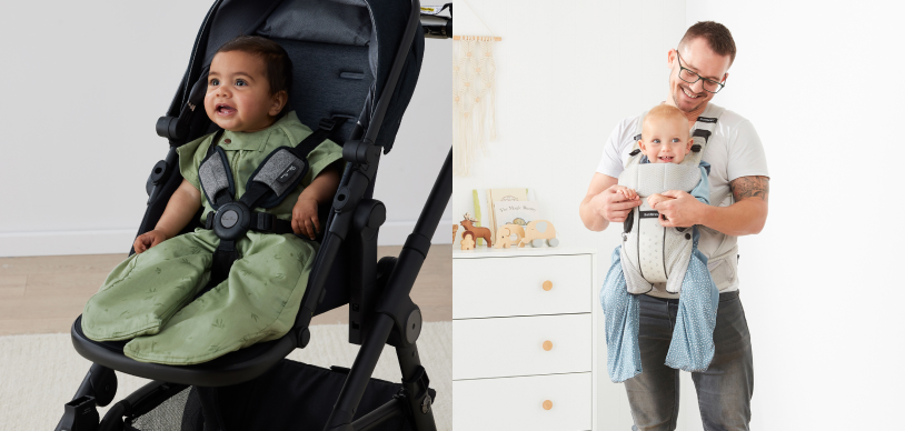 Examples of how the ergoPouch Sleep Suit Sack can be worn in Suit/legs mode and used safely in a pram and carrier