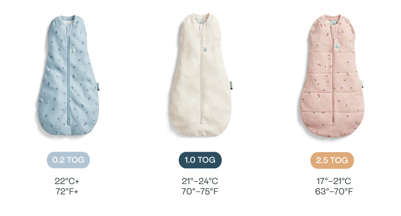 Examples of baby sleeping bags with different TOG rates: 0.2 TOG for summer, 1.0 TOG and 2.5 TOG for winter
